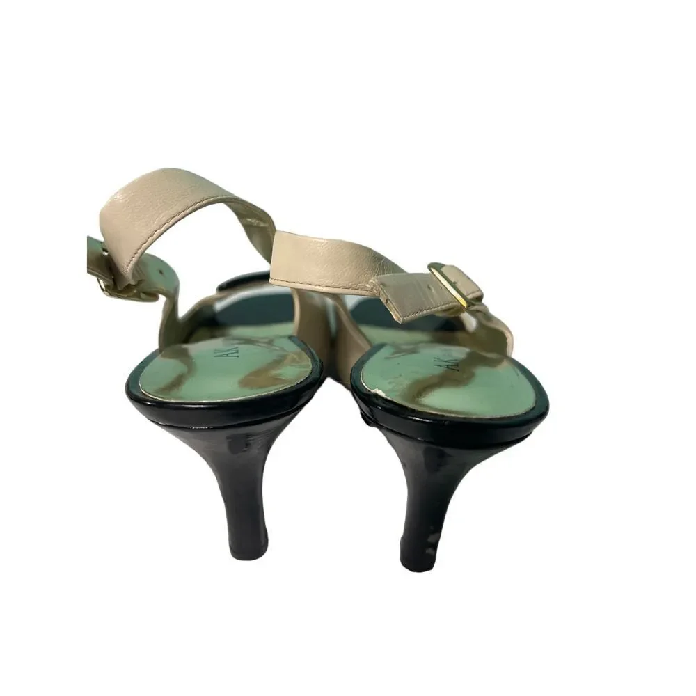 Anne Klein Elegant Slingback Heels Cream Black Buckle Peep Toe‎ Dress S-187